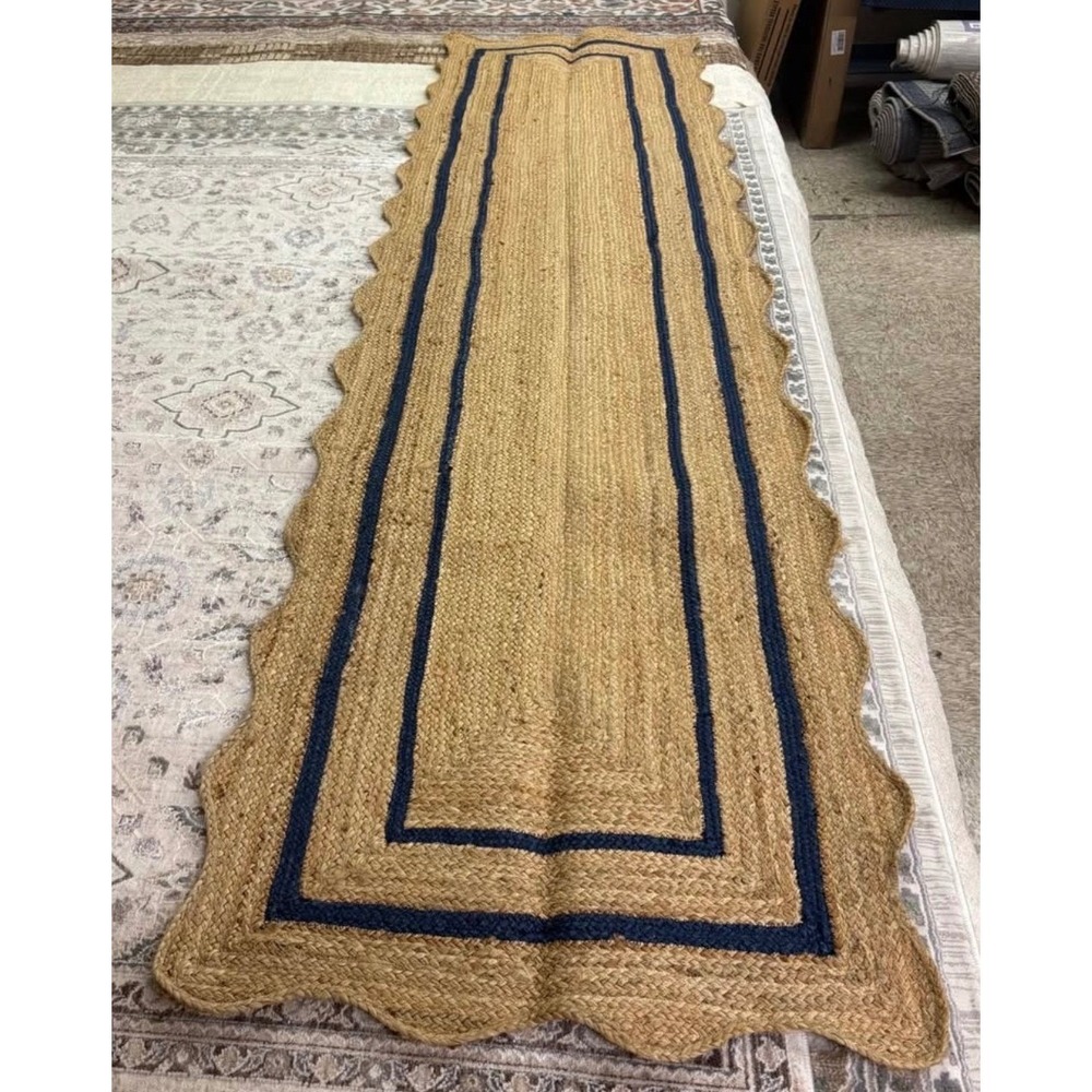 Natural Jute Scalloped Runner Rug Navy Blue Border Braided 2.5 x 10 Ft
